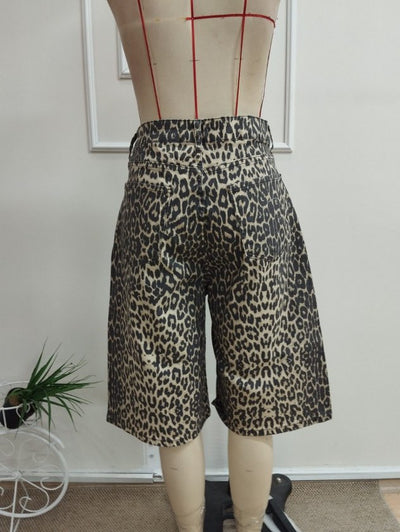 Pantalon Scurt din Denim, Femeie, Talie Înaltă, Model Leopard, 36723