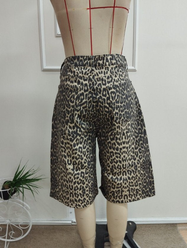Pantalon Scurt din Denim, Femeie, Talie Înaltă, Model Leopard, 36723
