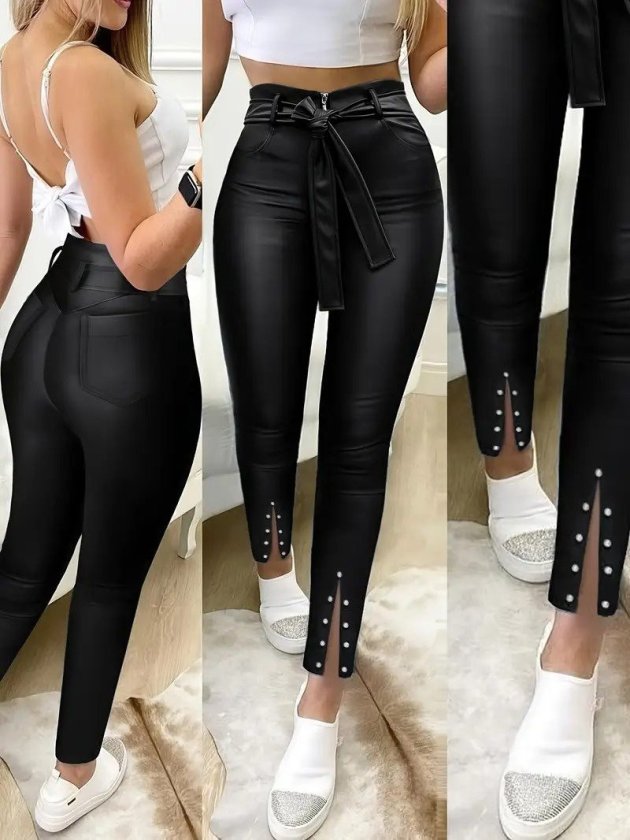 Pantalon din Piele, Femeie, Talie Înaltă, Fermoar Frontal, Cu Centură la Talie, Tăieturi Frontale, Detaliu Perle, 36725