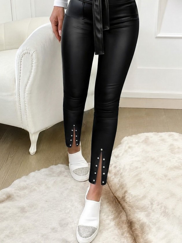Pantalon din Piele, Femeie, Talie Înaltă, Fermoar Frontal, Cu Centură la Talie, Tăieturi Frontale, Detaliu Perle, 36725