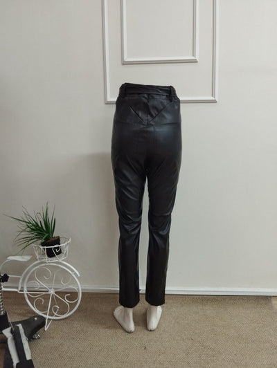 Pantalon din Piele, Femeie, Talie Înaltă, Fermoar Frontal, Cu Centură la Talie, Tăieturi Frontale, Detaliu Perle, 36725