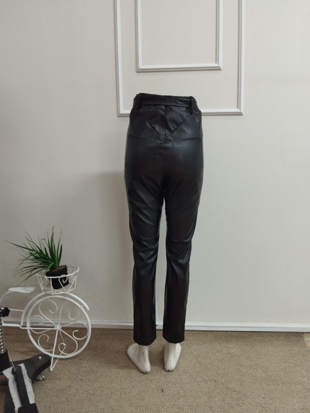 Pantalon din Piele, Femeie, Talie Înaltă, Fermoar Frontal, Cu Centură la Talie, Tăieturi Frontale, Detaliu Perle, 36725
