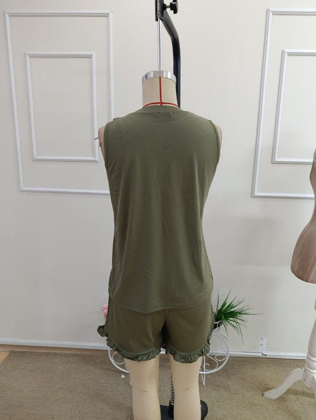 Set de două piese pentru femei, bluză și pantaloni scurți din viscoză, fără mâneci, cu detaliu asimetric în față, 37904