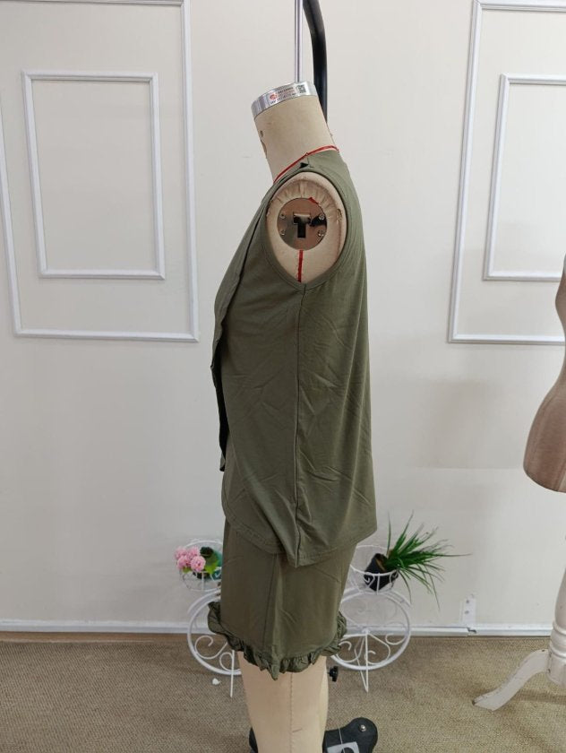 Set de două piese pentru femei, bluză și pantaloni scurți din viscoză, fără mâneci, cu detaliu asimetric în față, 37904