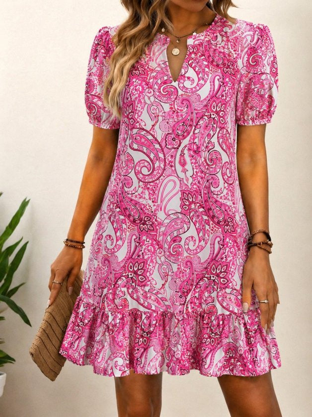 Rochie scurtă de damă din jerseu cu mânecă scurtă, decolteu în V și model, 36748