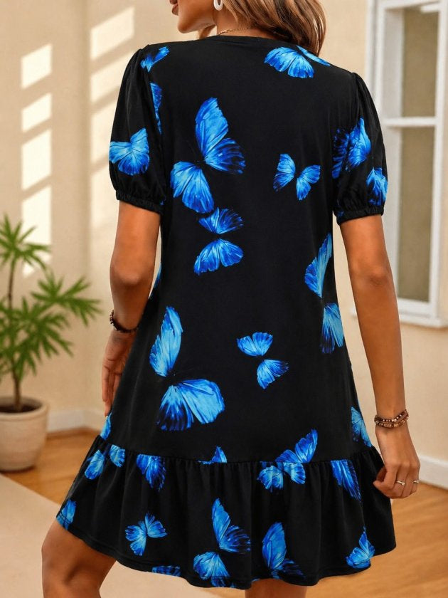 Rochie din Satin de Bumbac, Femeie, Mânecă Scurtă, Gât V, Model Geometric, Lungime Scurtă, 36749