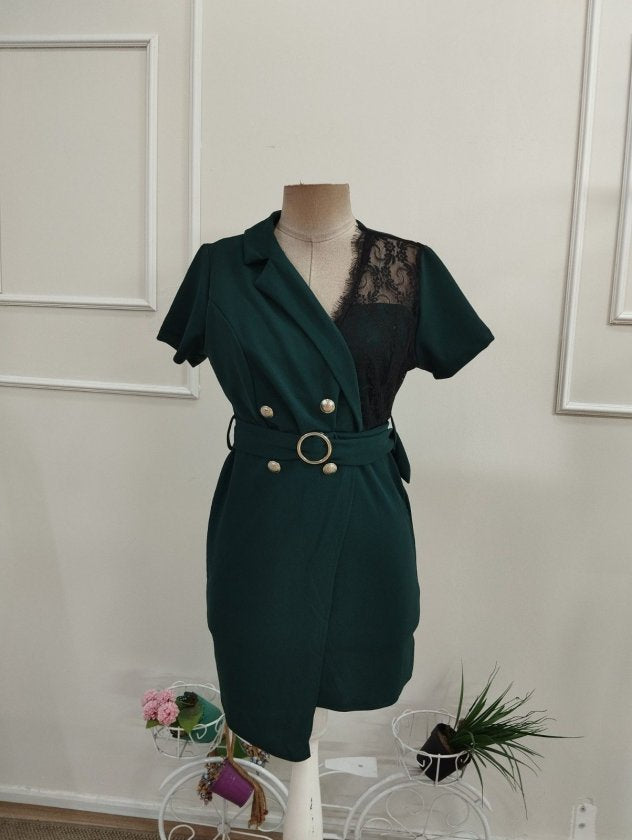 Rochie din Crepe Italiană, Femeie, Mânecă Scurtă, Gât Încrucișat, Nasturi Frontali, Broșă la Talie, Lungime Scurtă, 36758