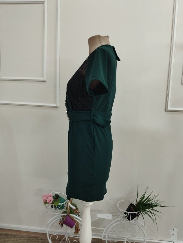 Rochie din Crepe Italiană, Femeie, Mânecă Scurtă, Gât Încrucișat, Nasturi Frontali, Broșă la Talie, Lungime Scurtă, 36758