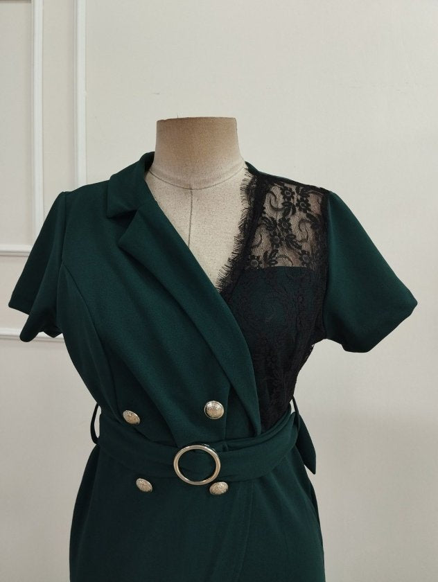 Rochie din Crepe Italiană, Femeie, Mânecă Scurtă, Gât Încrucișat, Nasturi Frontali, Broșă la Talie, Lungime Scurtă, 36758