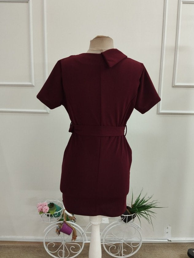 Rochie din Crepe Italiană, Femeie, Mânecă Scurtă, Gât Încrucișat, Nasturi Frontali, Broșă la Talie, Lungime Scurtă, 36759