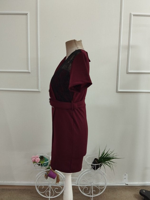 Rochie din Crepe Italiană, Femeie, Mânecă Scurtă, Gât Încrucișat, Nasturi Frontali, Broșă la Talie, Lungime Scurtă, 36759