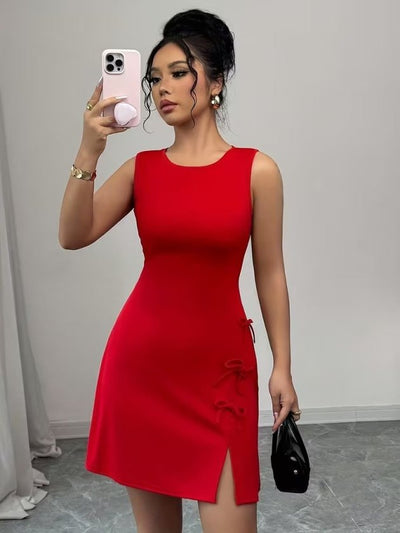 Rochie scurtă din satin pentru femei, cu guler rotund, bretele, crăpături și funde, 36776