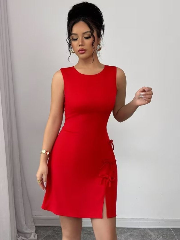 Rochie scurtă din satin pentru femei, cu guler rotund, bretele, crăpături și funde, 36776