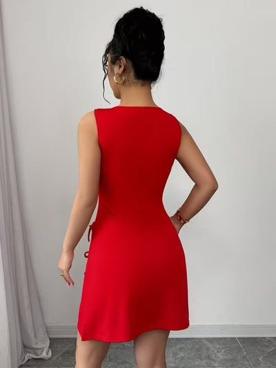 Rochie scurtă din satin pentru femei, cu guler rotund, bretele, crăpături și funde, 36776