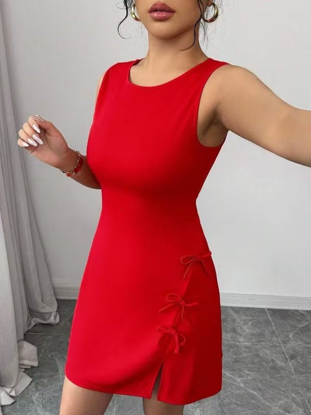 Rochie scurtă din satin pentru femei, cu guler rotund, bretele, crăpături și funde, 36776