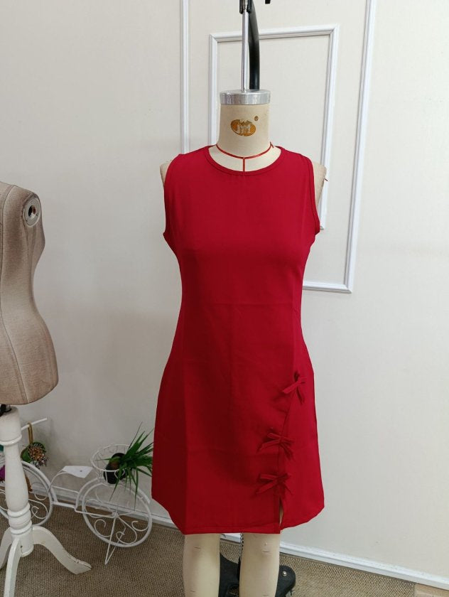 Rochie scurtă din satin pentru femei, cu guler rotund, bretele, crăpături și funde, 36776
