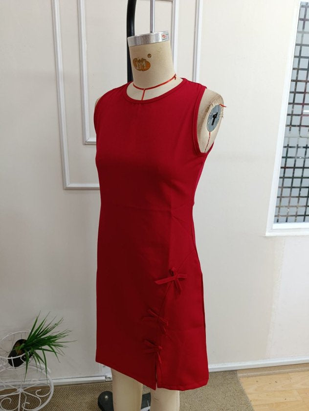 Rochie scurtă din satin pentru femei, cu guler rotund, bretele, crăpături și funde, 36776
