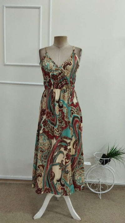 Rochie midi damă din jerseu cu bretele subțiri, decolteu petrecut, elastic în talie și șliț frontal, cu model, 36839