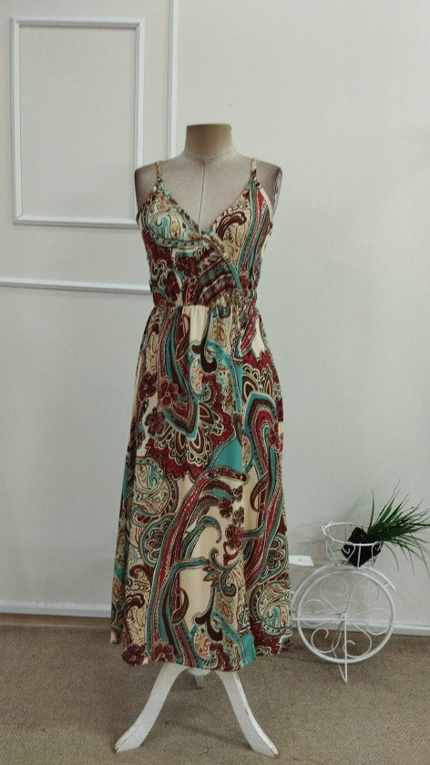 Rochie midi damă din jerseu cu bretele subțiri, decolteu petrecut, elastic în talie și șliț frontal, cu model, 36839