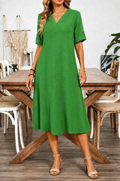 Rochie Midi din Viscon, Femeie, Mânecă Scurtă, Gât V, Detaliu Frunze, 36822