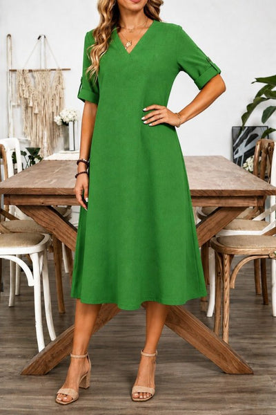 Rochie Midi din Viscon, Femeie, Mânecă Scurtă, Gât V, Detaliu Frunze, 36822