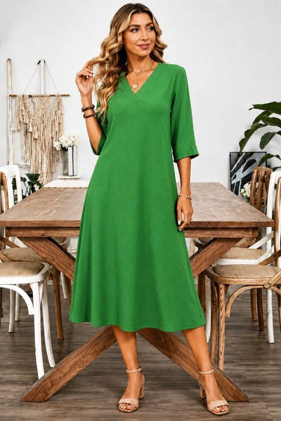Rochie Midi din Viscon, Femeie, Mânecă Scurtă, Gât V, Detaliu Frunze, 36822