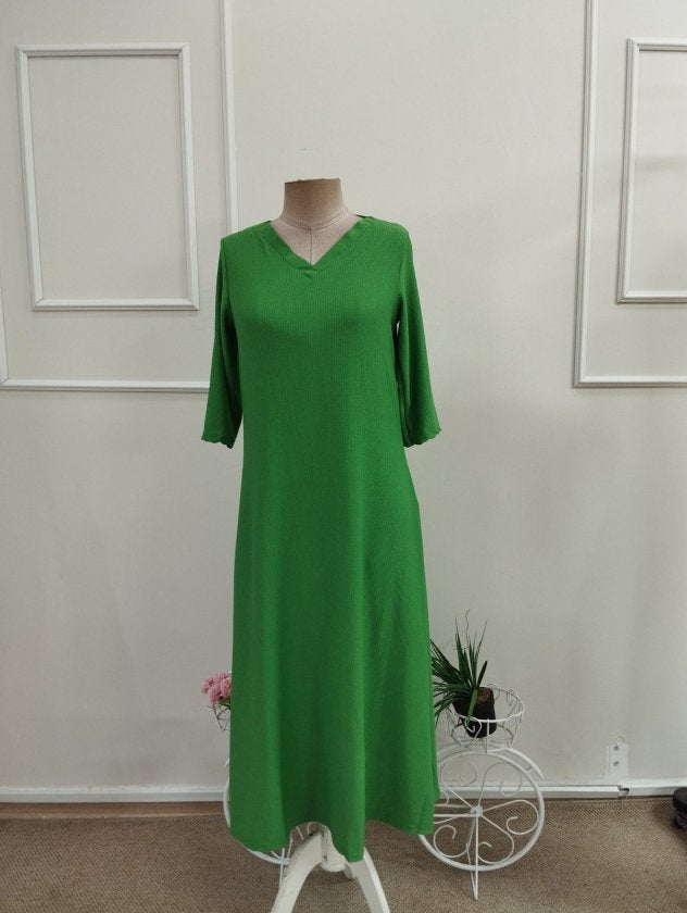 Rochie Midi din Viscon, Femeie, Mânecă Scurtă, Gât V, Detaliu Frunze, 36822