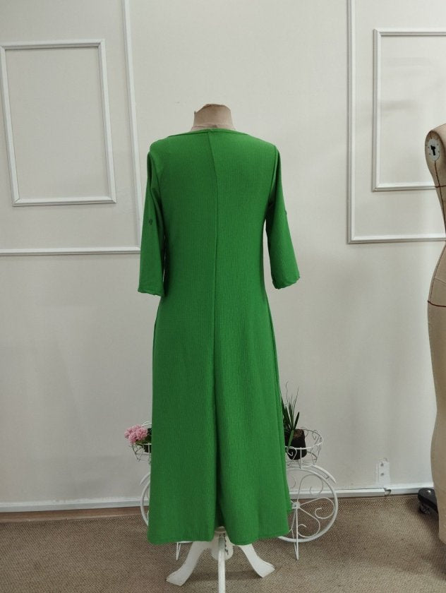Rochie Midi din Viscon, Femeie, Mânecă Scurtă, Gât V, Detaliu Frunze, 36822