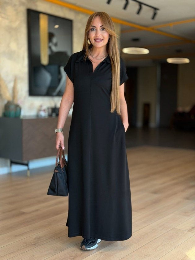 Rochie din Viscon cu Două Fâșii, Femeie, Mânecă Scurtă, Cu Guler, Cu Buzunare, Lungime Lungă, 36827
