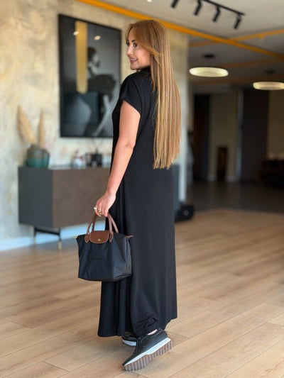 Rochie din Viscon cu Două Fâșii, Femeie, Mânecă Scurtă, Cu Guler, Cu Buzunare, Lungime Lungă, 36827