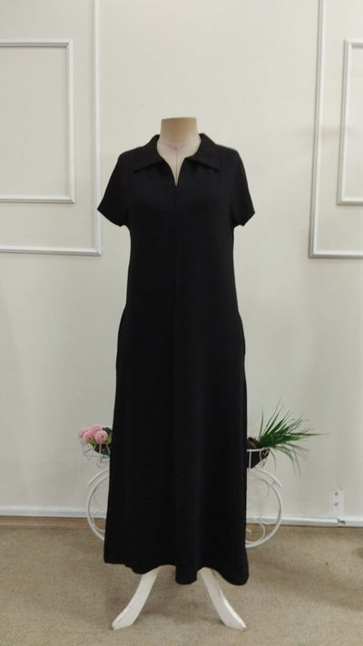 Rochie din Viscon cu Două Fâșii, Femeie, Mânecă Scurtă, Cu Guler, Cu Buzunare, Lungime Lungă, 36827
