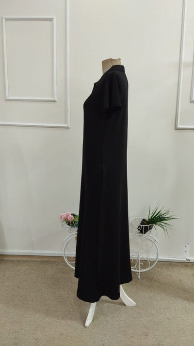 Rochie din Viscon cu Două Fâșii, Femeie, Mânecă Scurtă, Cu Guler, Cu Buzunare, Lungime Lungă, 36827
