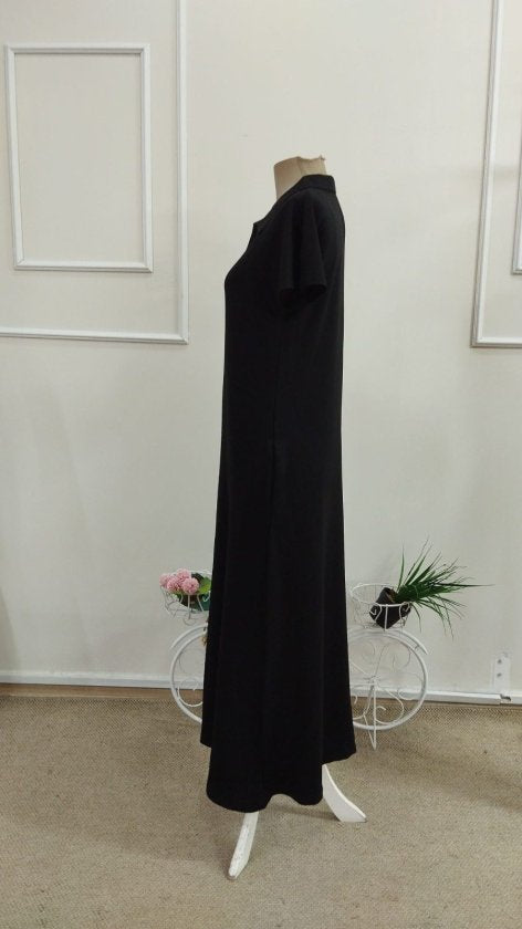 Rochie din Viscon cu Două Fâșii, Femeie, Mânecă Scurtă, Cu Guler, Cu Buzunare, Lungime Lungă, 36827