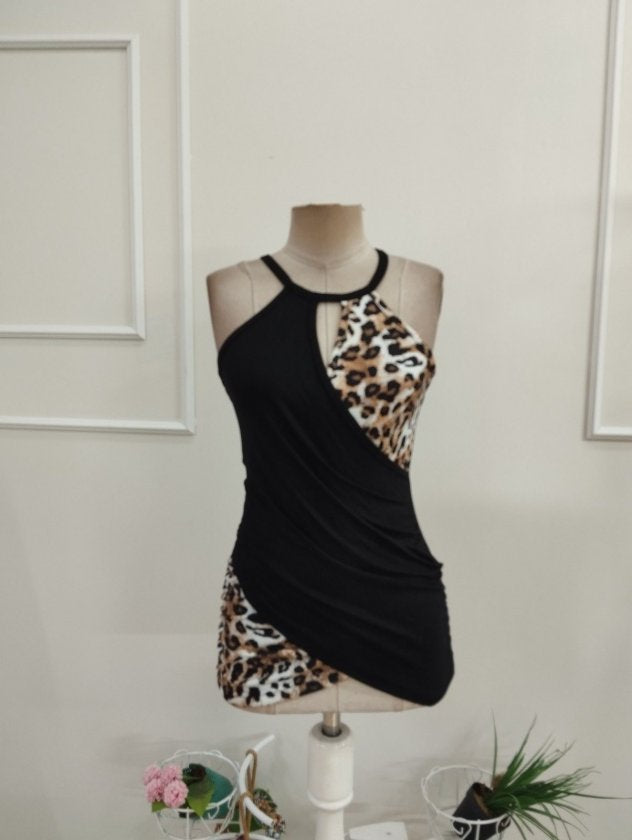 Bluză din Viscon, Femeie, Gât Rotund, Model Leopard pe o Parte, 36830