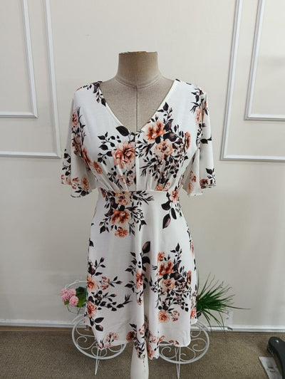 Rochie din Satin de Bumbac, Femeie, Mânecă Scurtă, Gât V, Model Geometric, Lungime Scurtă, 36856