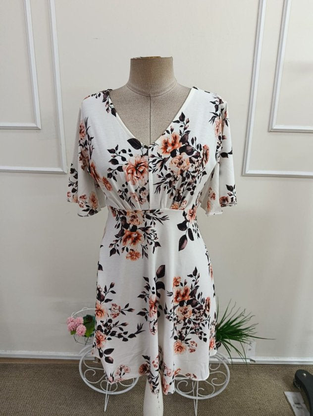 Rochie din Satin de Bumbac, Femeie, Mânecă Scurtă, Gât V, Model Geometric, Lungime Scurtă, 36856