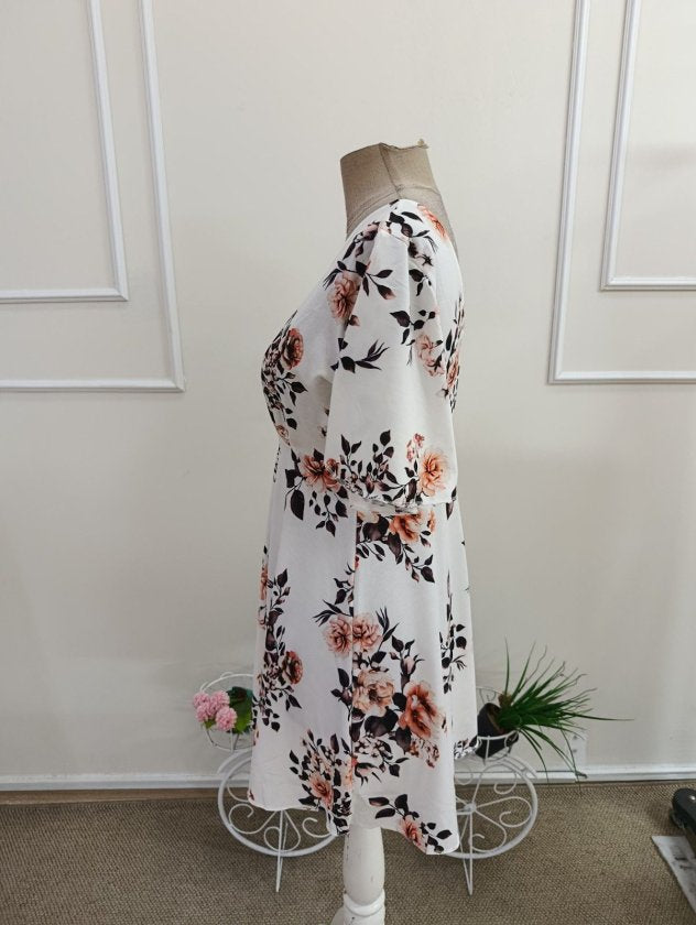 Rochie din Satin de Bumbac, Femeie, Mânecă Scurtă, Gât V, Model Geometric, Lungime Scurtă, 36856