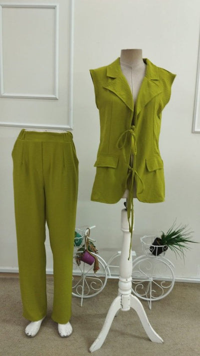 Compleu Jachetă și Pantalon fără Mâneci cu Gât, Detaliu Pliuri pe Piept, 36913