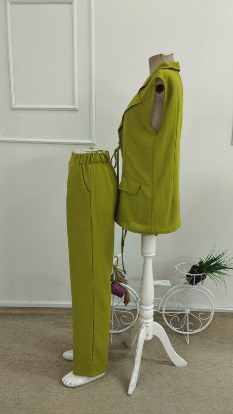 Compleu Jachetă și Pantalon fără Mâneci cu Gât, Detaliu Pliuri pe Piept, 36913