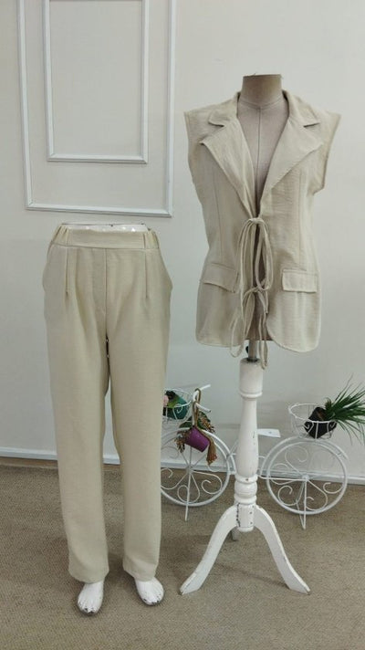 Compleu Jachetă și Pantalon fără Mâneci cu Gât, Detaliu Pliuri pe Piept, 36914