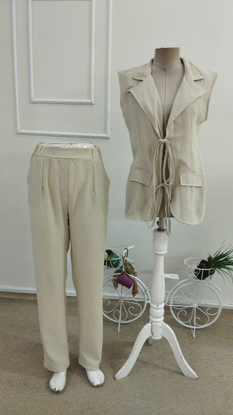 Compleu Jachetă și Pantalon fără Mâneci cu Gât, Detaliu Pliuri pe Piept, 36914