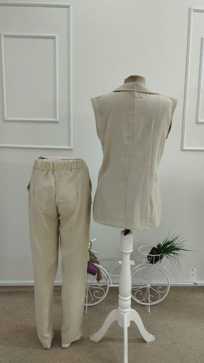 Compleu Jachetă și Pantalon fără Mâneci cu Gât, Detaliu Pliuri pe Piept, 36914