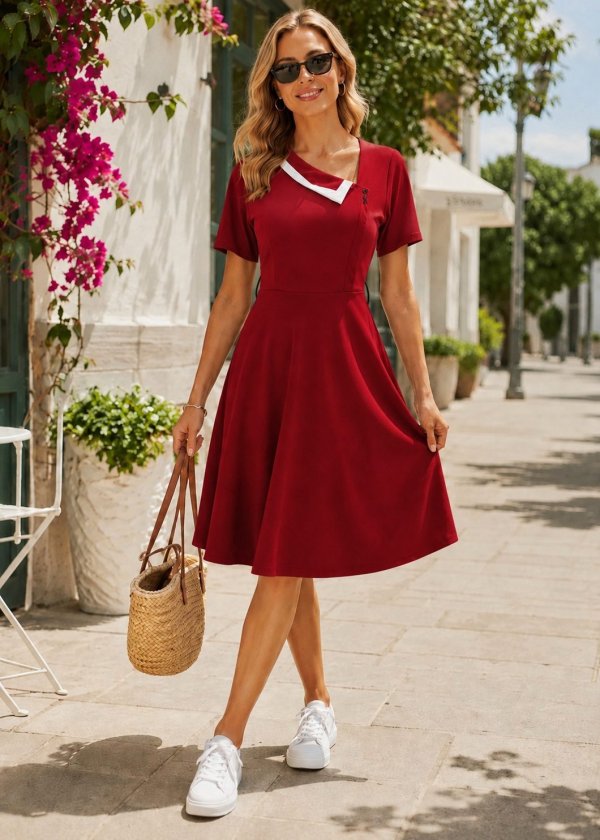 Rochie midi din crap pentru femei cu mâneci scurți, gât asimetric, 37554