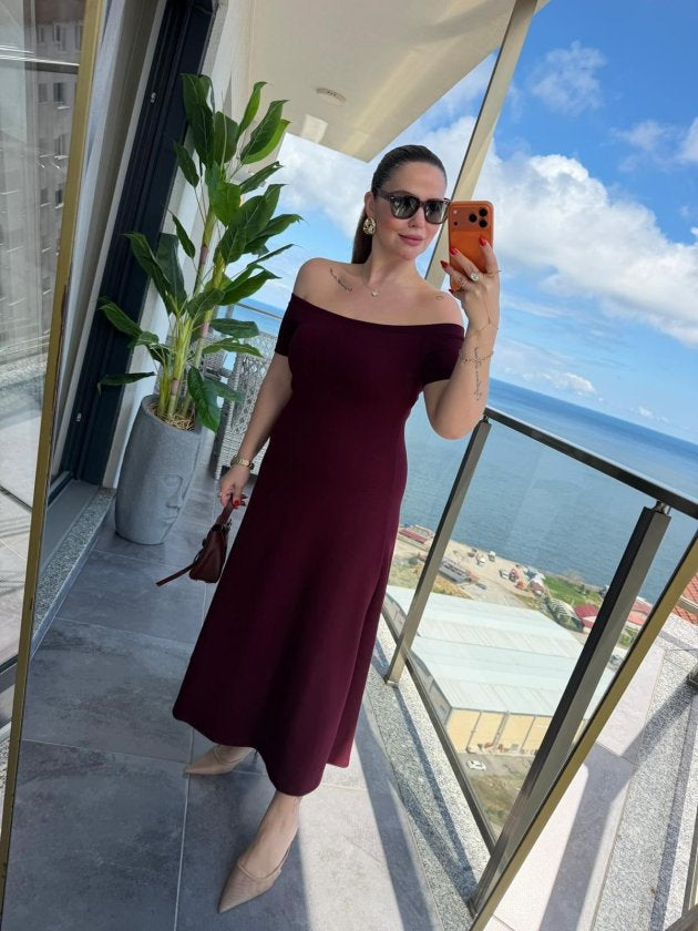 Rochie Modal Midi cu Gât Madonna, 36997