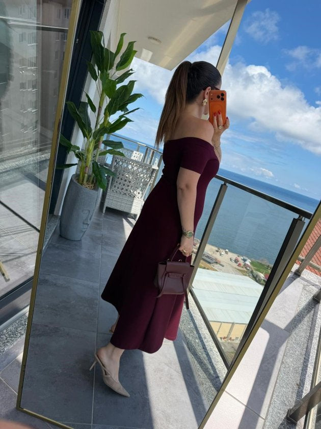 Rochie Modal Midi cu Gât Madonna, 36997