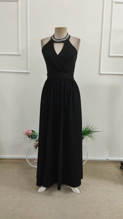 Rochie Lungă din Crep Janjan, Deschisă pe Umeri, Gât cu Inel Halter, Fermoar, 36998