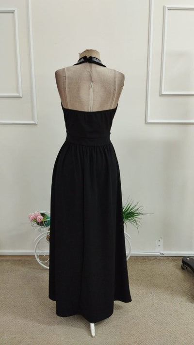 Rochie Lungă din Crep Janjan, Deschisă pe Umeri, Gât cu Inel Halter, Fermoar, 36998