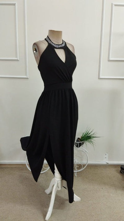 Rochie Lungă din Crep Janjan, Deschisă pe Umeri, Gât cu Inel Halter, Fermoar, 36998