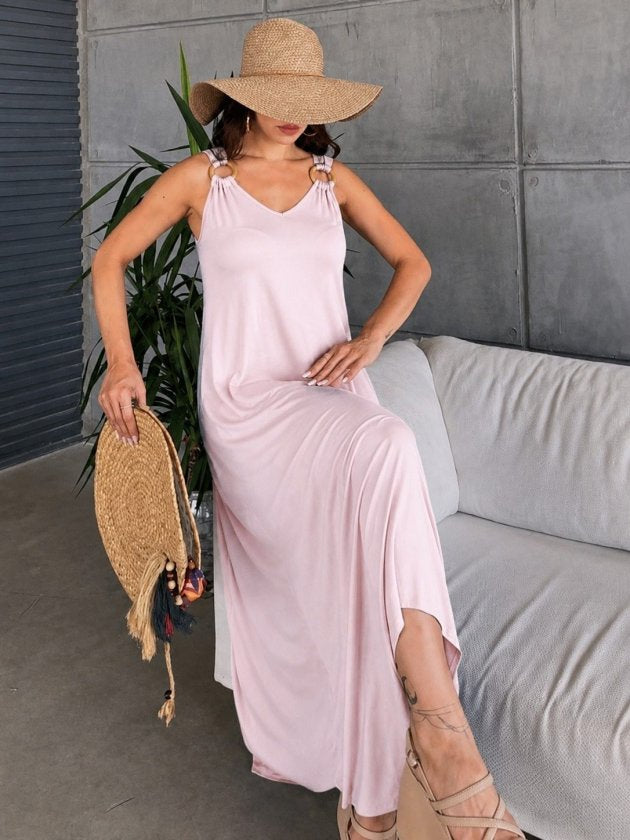 Rochie Maxi Viscozë cu Spaghete, Gât V, Detaliu Inel, Tăiere Asimetrică, 37014