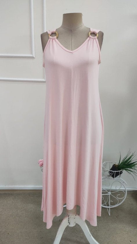Rochie Maxi Viscozë cu Spaghete, Gât V, Detaliu Inel, Tăiere Asimetrică, 37014